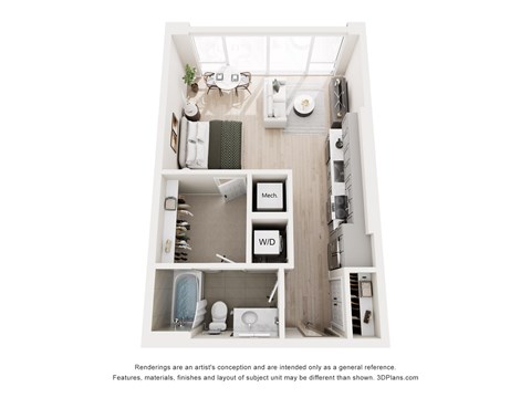 Floor plan for studio, 1 bath, 544 sqft